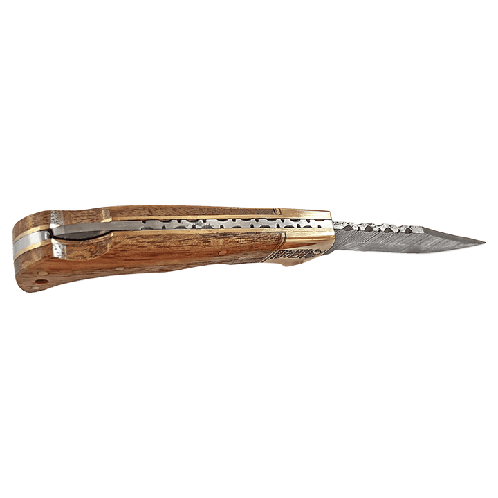 Bison River 3 3/4" Wood Folding Knife with Damascus Steel Blade and Leather Sheath - Schoppy's Since 1921