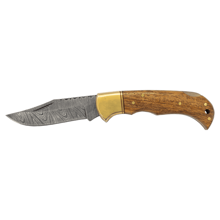 Bison River 3 3/4" Wood Folding Knife with Damascus Steel Blade and Leather Sheath - Schoppy's Since 1921