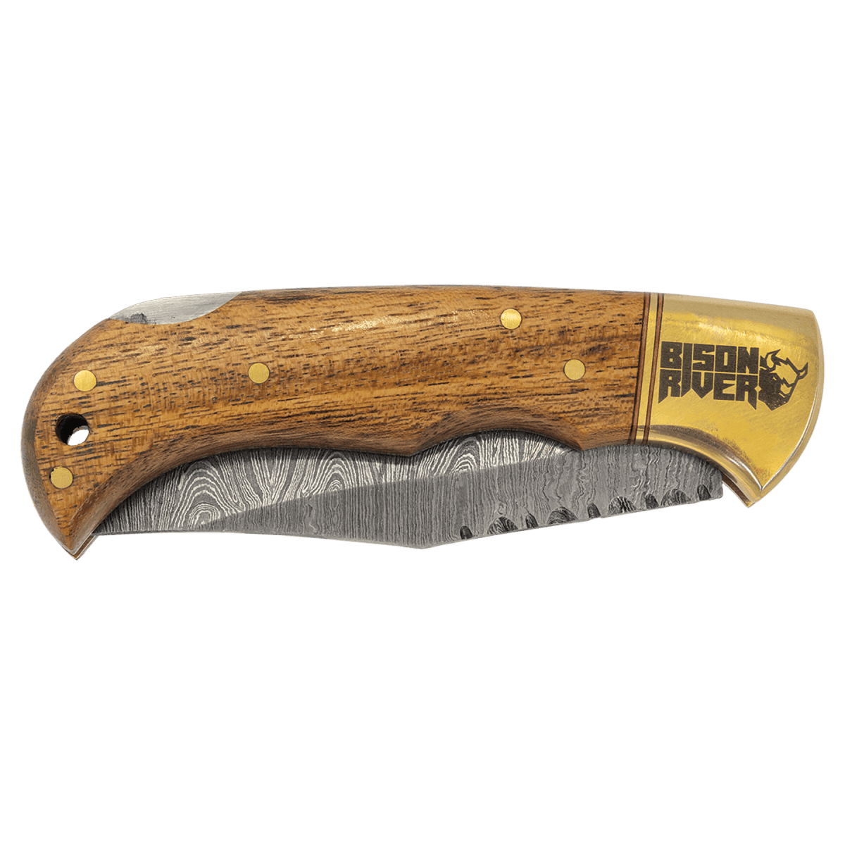 Bison River 3 3/4" Wood Folding Knife with Damascus Steel Blade and Leather Sheath - Schoppy's Since 1921