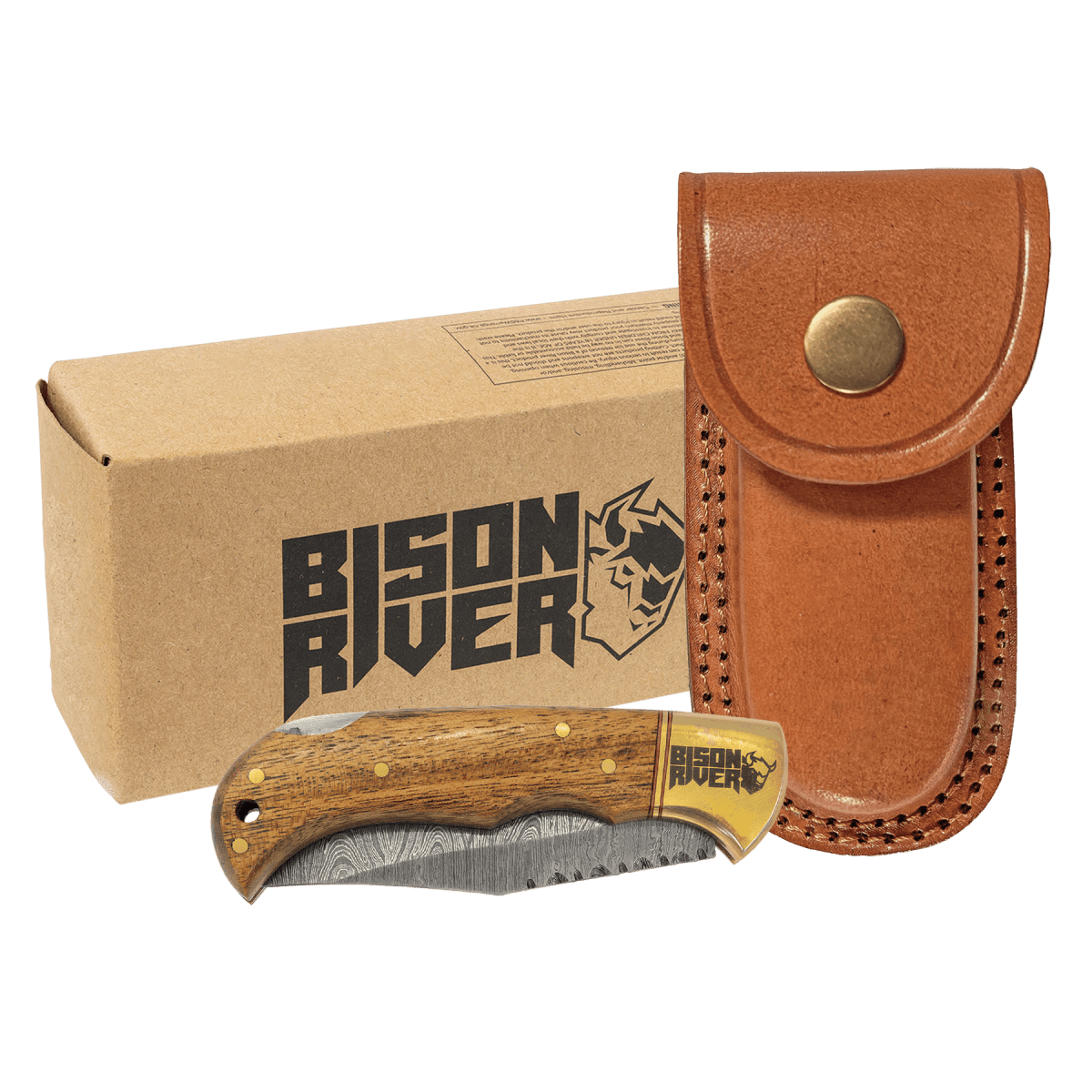 Bison River 3 3/4" Wood Folding Knife with Damascus Steel Blade and Leather Sheath - Schoppy's Since 1921