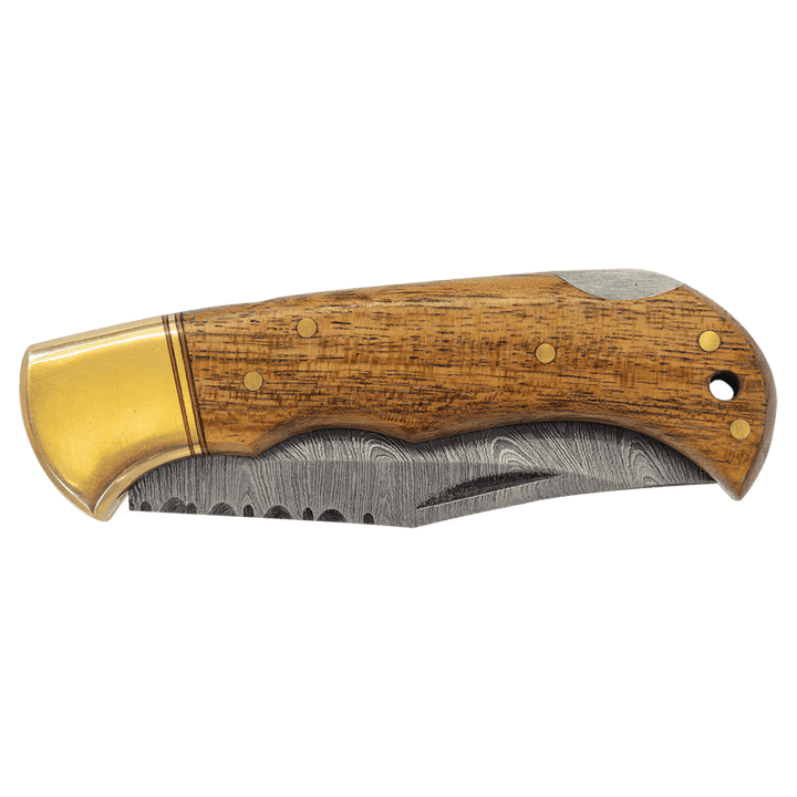 Bison River 3 3/4" Wood Folding Knife with Damascus Steel Blade and Leather Sheath - Schoppy's Since 1921