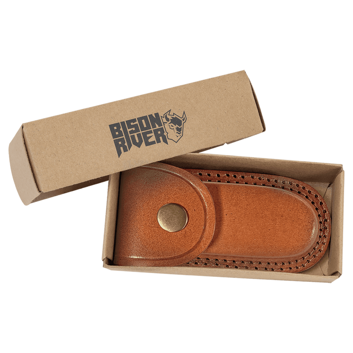 Bison River 3 3/4" Wood Folding Knife with Damascus Steel Blade and Leather Sheath - Schoppy's Since 1921
