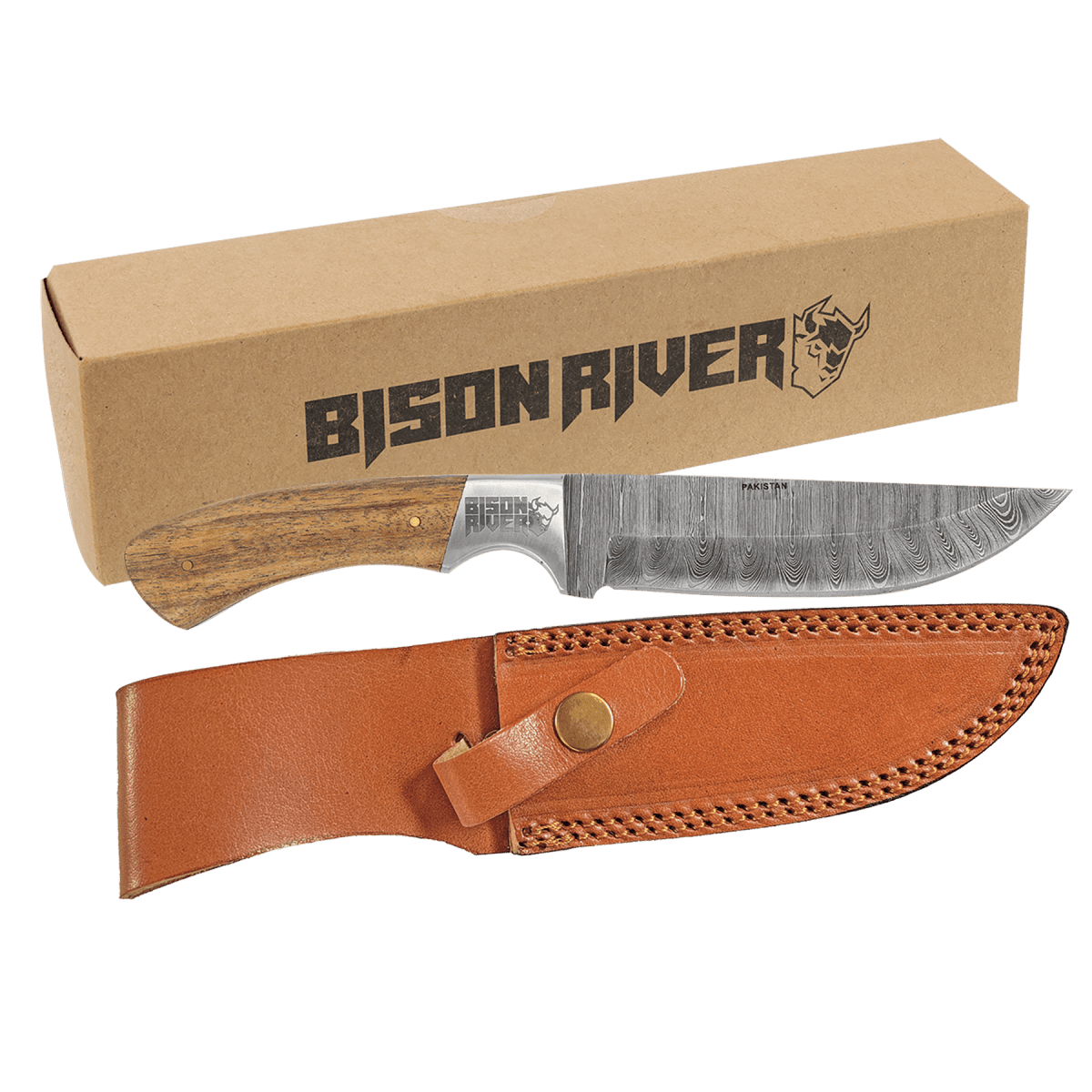 Bison River 9 1/2" Fixed Blade Wood Knife with Damascus Steel Blade and Leather Sheath - Schoppy's Since 1921