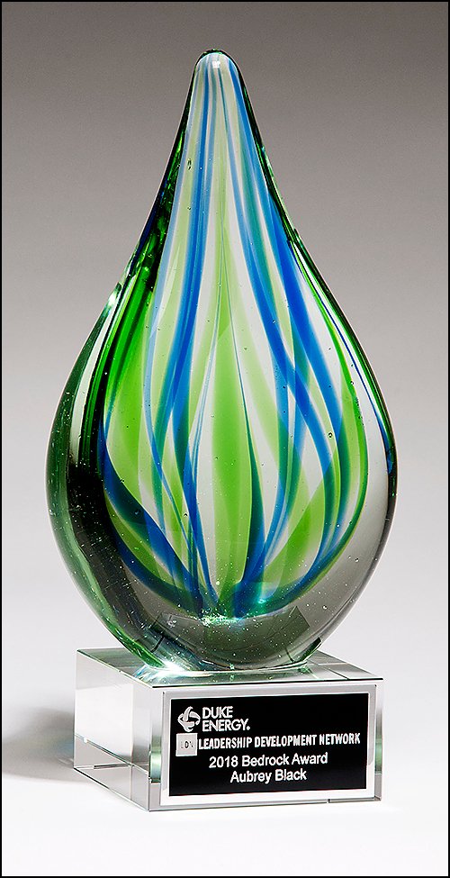 Blue and Green Droplet Art Glass Award with Glass Base - Schoppy's Since 1921