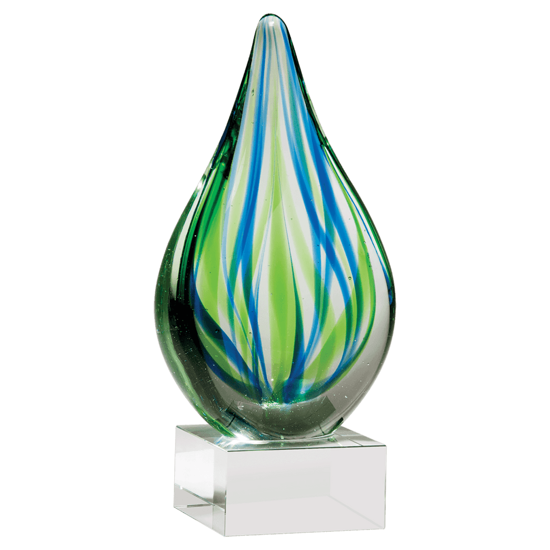 Blue and Green Droplet Art Glass Award with Glass Base - 8" Tall - Schoppy's Since 1921