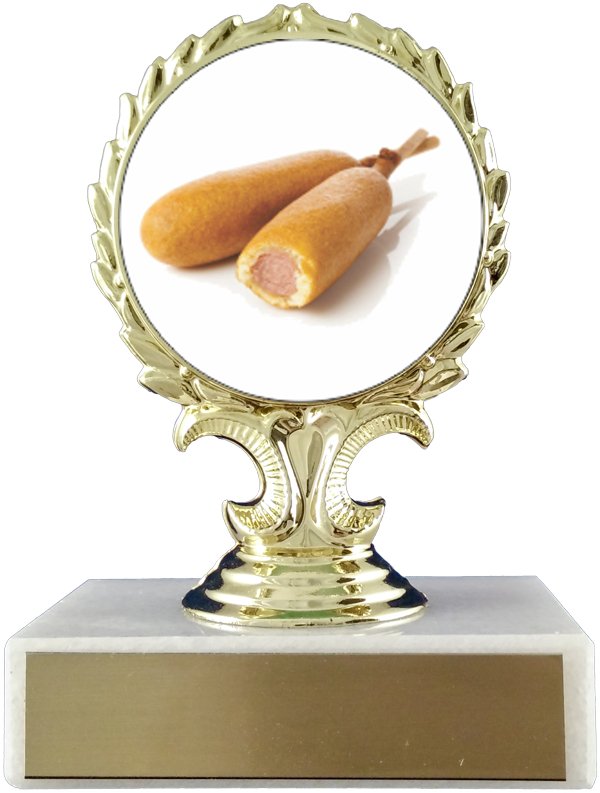 Corn Dogs Logo Trophy On Flat White Marble - Schoppy's Since 1921