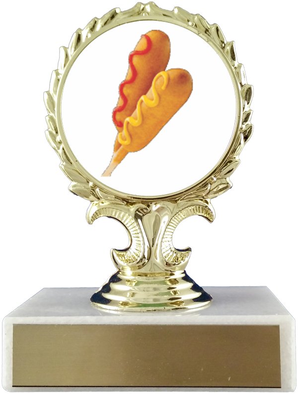 Corn Dogs Logo Trophy On Flat White Marble - Schoppy's Since 1921