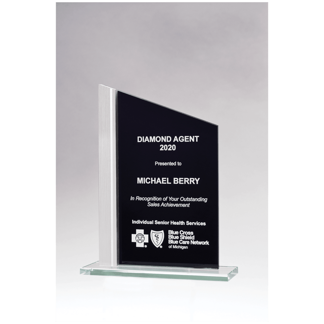 Glass black silk screened award with Aluminum Post - Schoppy's Since 1921