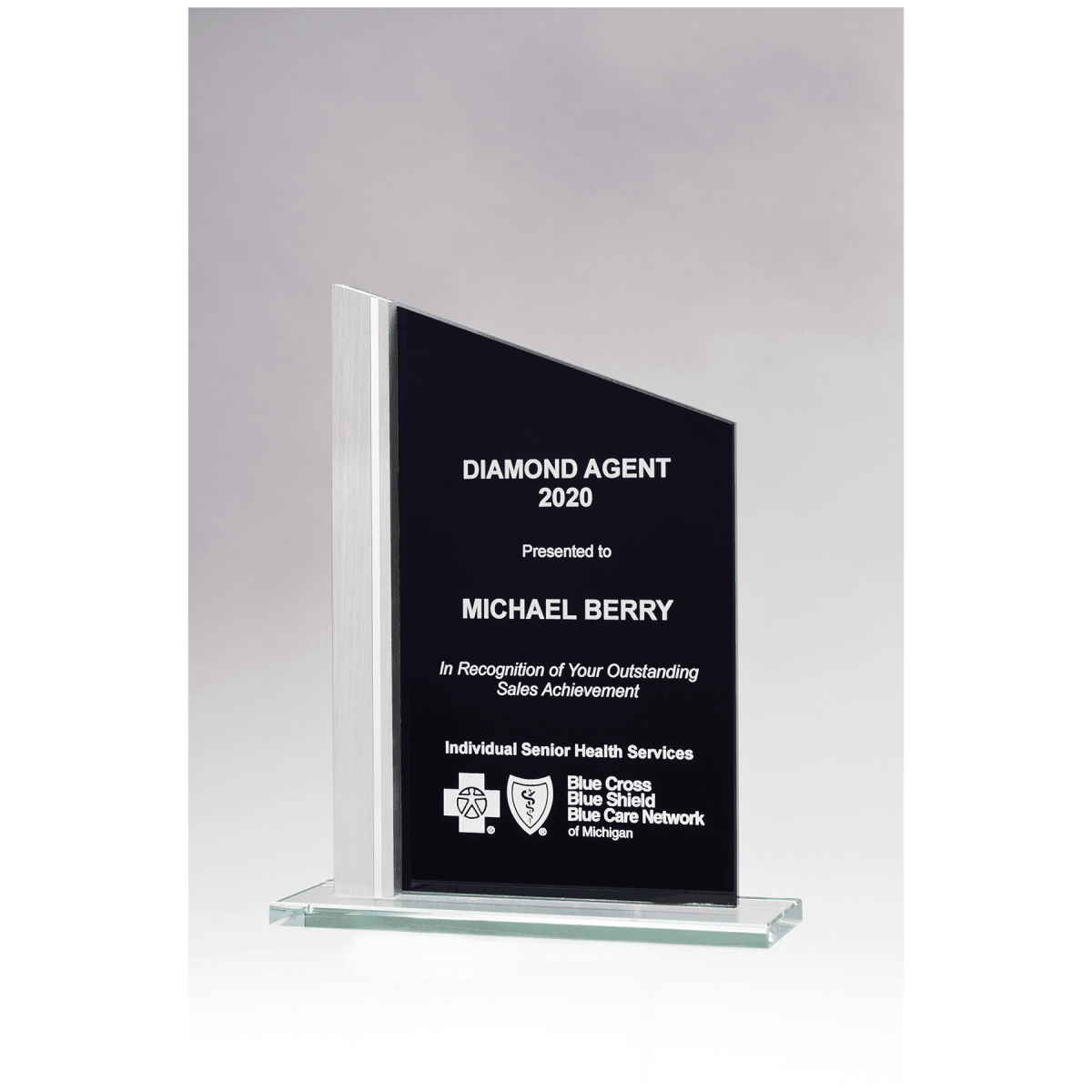Glass black silk screened award with Aluminum Post - Schoppy's Since 1921