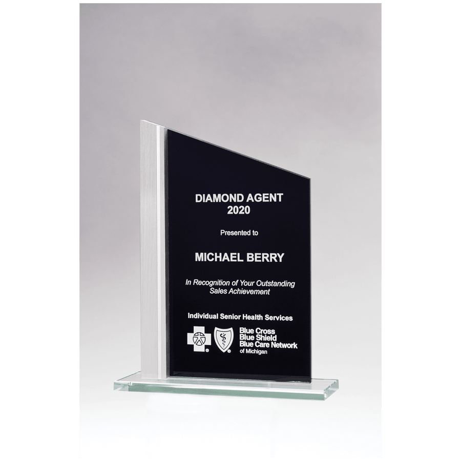 Glass black silk screened award with Aluminum Post - Schoppy's Since 1921