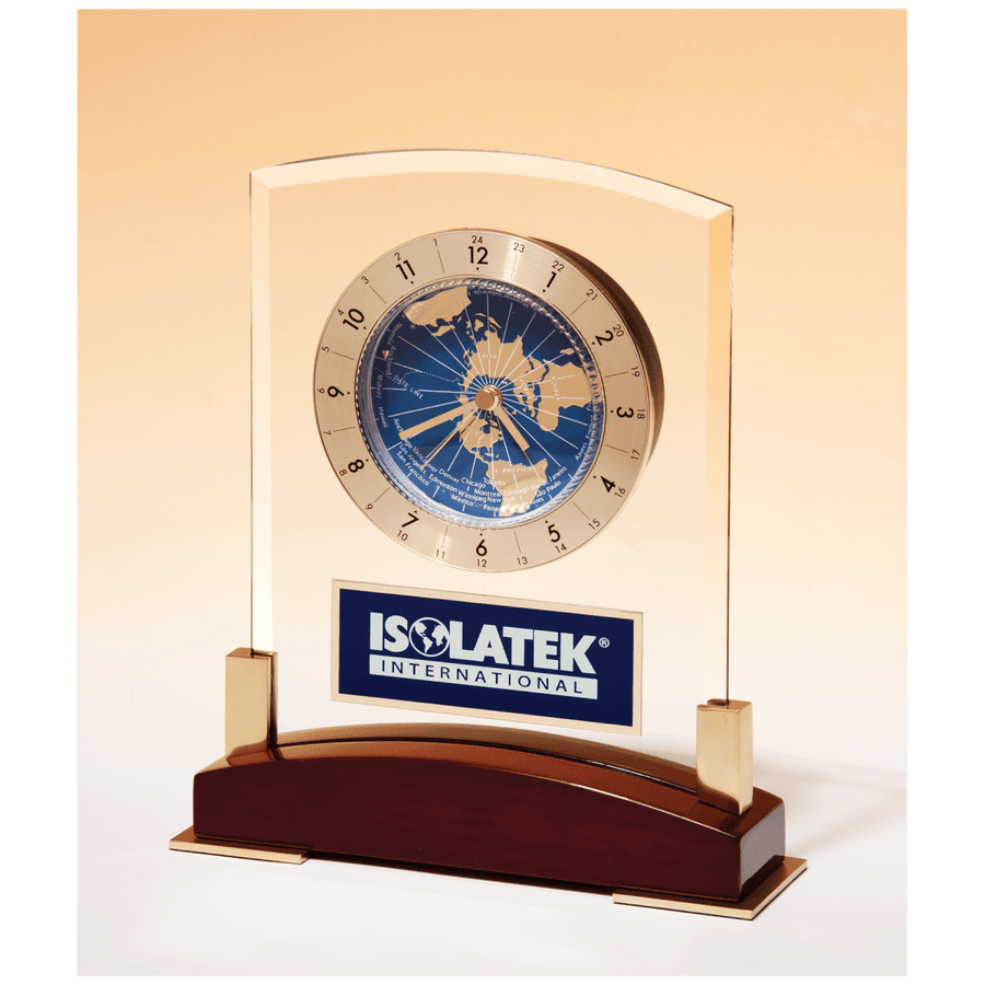 Glass Clock with World Time Dial on Piano Finish Base - Schoppy's Since 1921