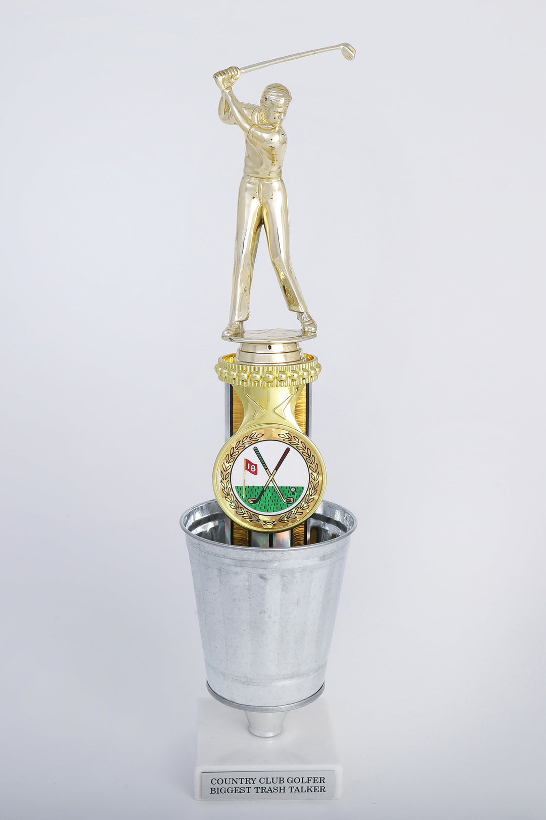 Golfer in a Trash Can Trophy With Logo