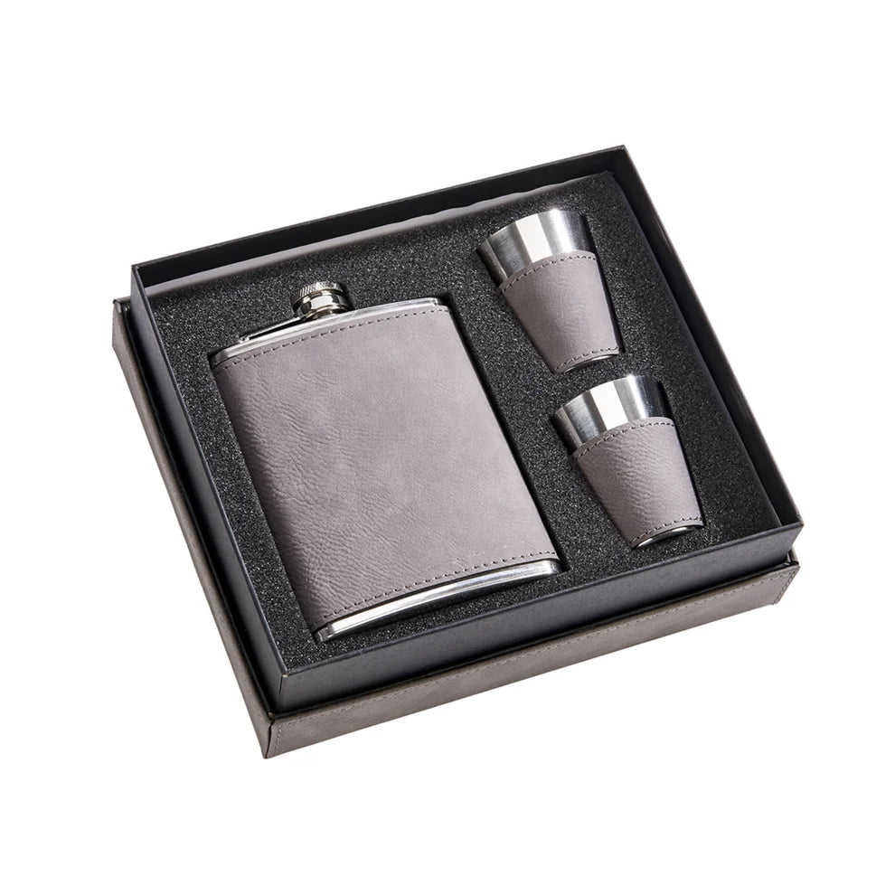 Leatherette Flask &amp; Stainless Steel Shot Glass Set - Schoppy&