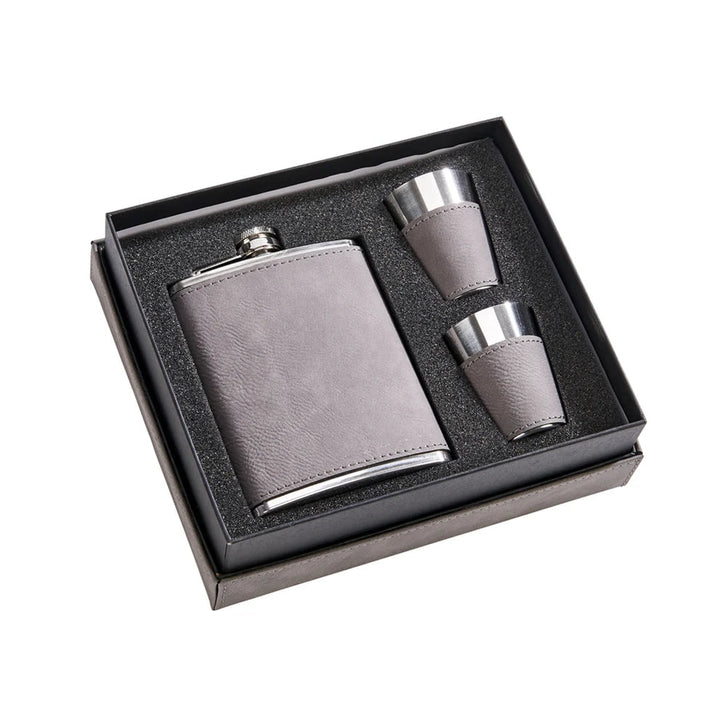 Leatherette Flask &amp; Stainless Steel Shot Glass Set - Schoppy&