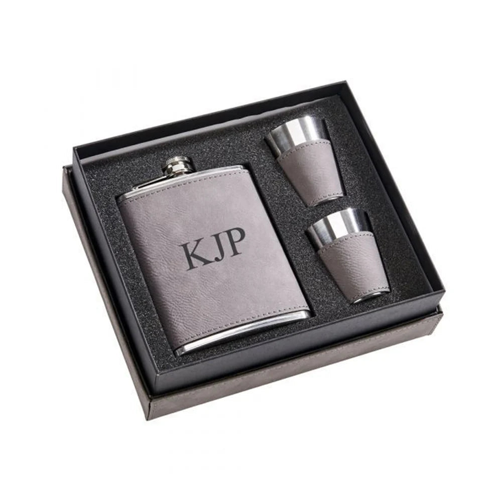 Leatherette Flask &amp; Stainless Steel Shot Glass Set - Schoppy&