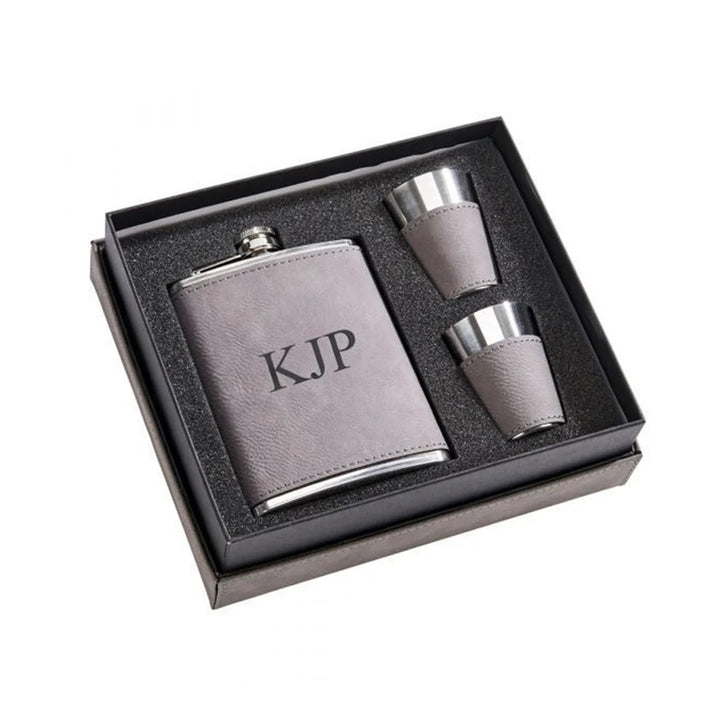 Leatherette Flask &amp; Stainless Steel Shot Glass Set - Schoppy&