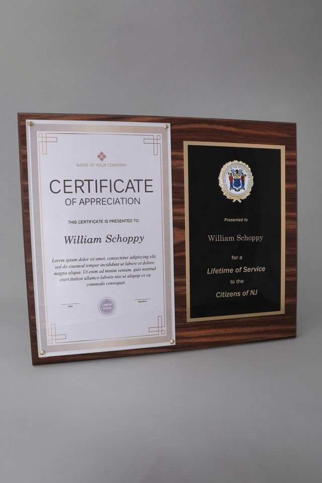 Legal Size Plexi Certificate Plaque with Logo Seal - Schoppy's Since 1921