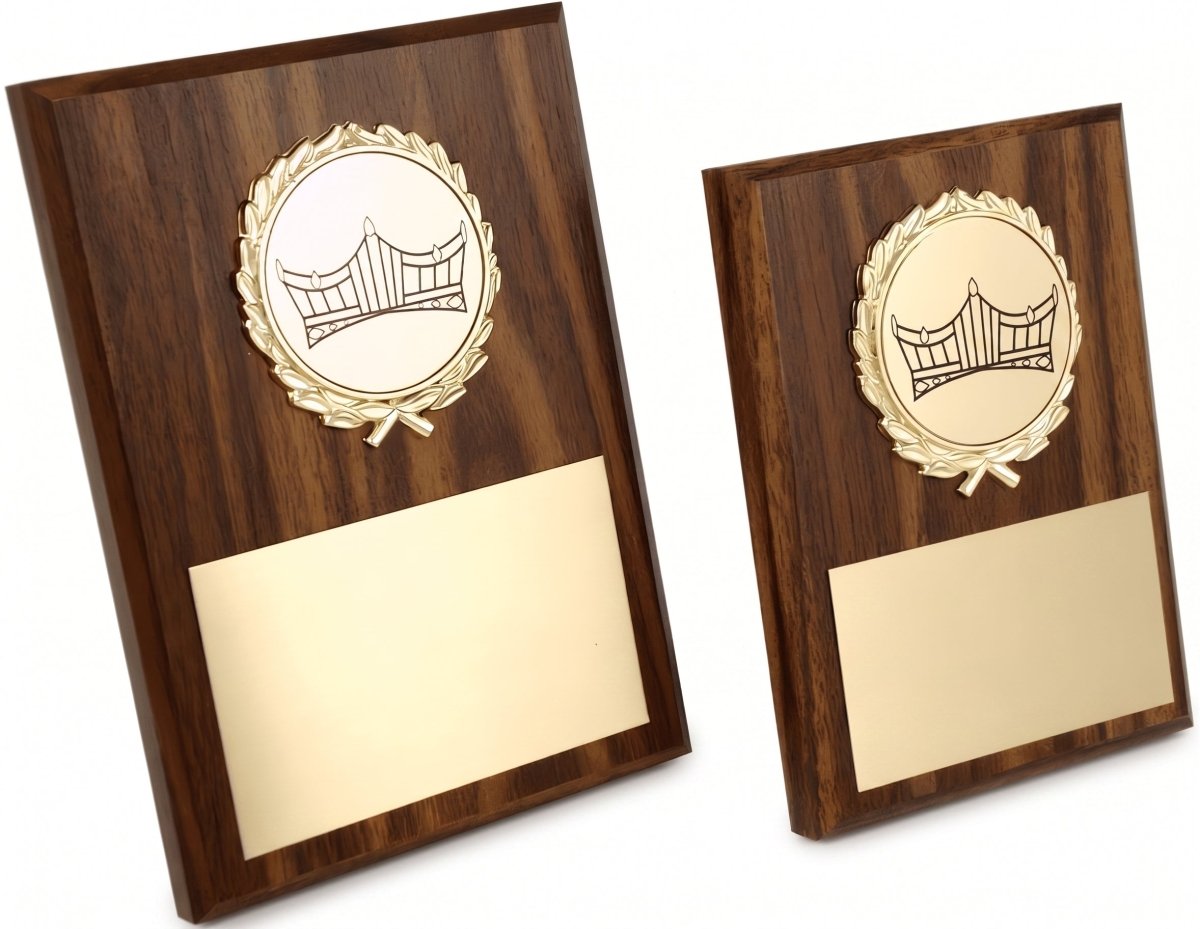 Schoppy's Pageant Seal Wood Look plaques shown in 5 by 7 and 4 by 6 sizes with Schoppy Crown Logo in wreath holder at top.