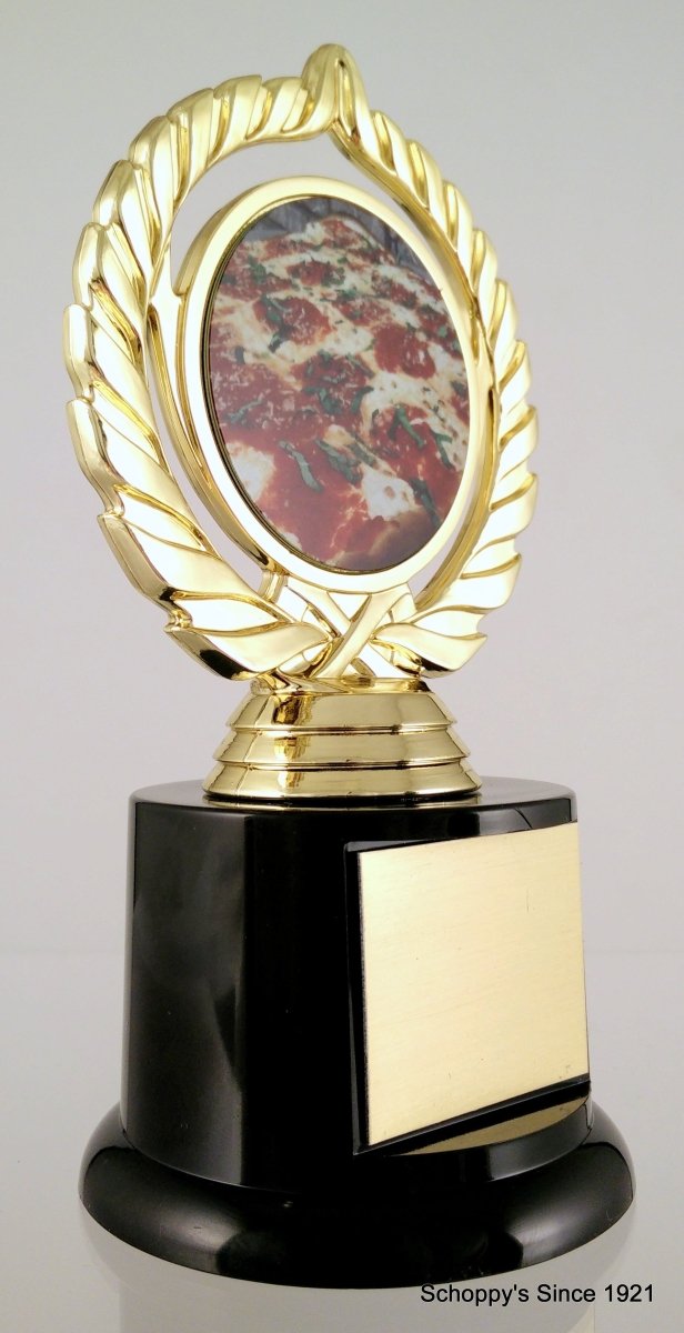 Pizza Logo Trophy On Black Round Base - Schoppy's Since 1921