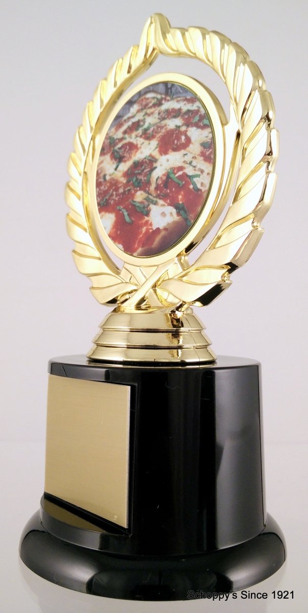 Pizza Logo Trophy On Black Round Base - Schoppy's Since 1921