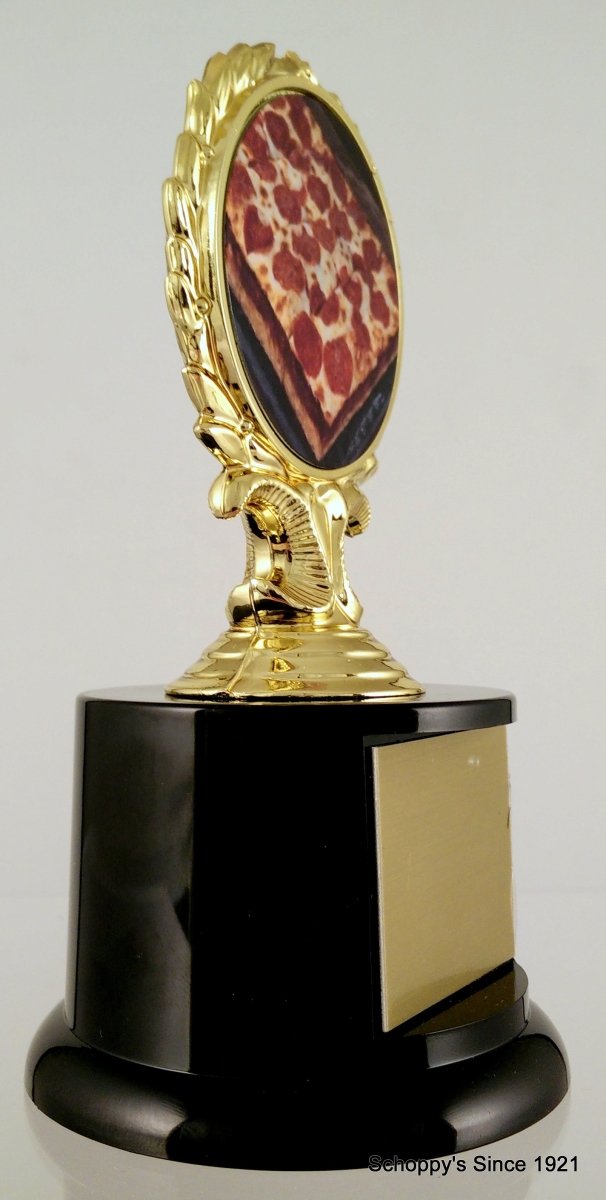 Pizza Logo Trophy On Black Round Base - Schoppy's Since 1921