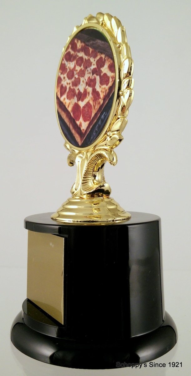 Pizza Logo Trophy On Black Round Base - Schoppy's Since 1921