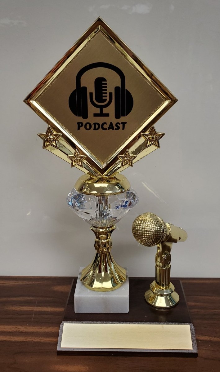 PODCAST Diamond Riser Gem Microphone Trophy with Logo on Wood & Marble Base - Schoppy's Since 1921