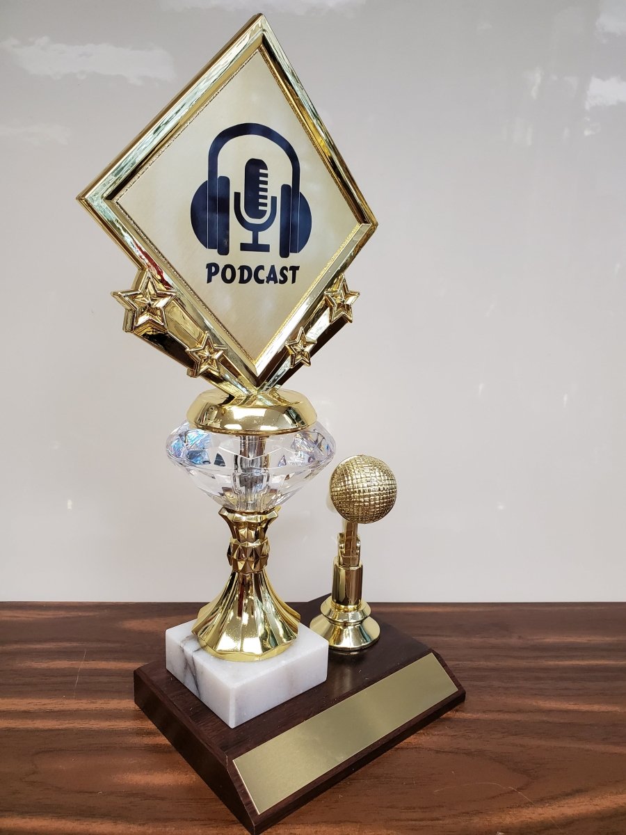 PODCAST Diamond Riser Gem Microphone Trophy with Logo on Wood & Marble Base - Schoppy's Since 1921