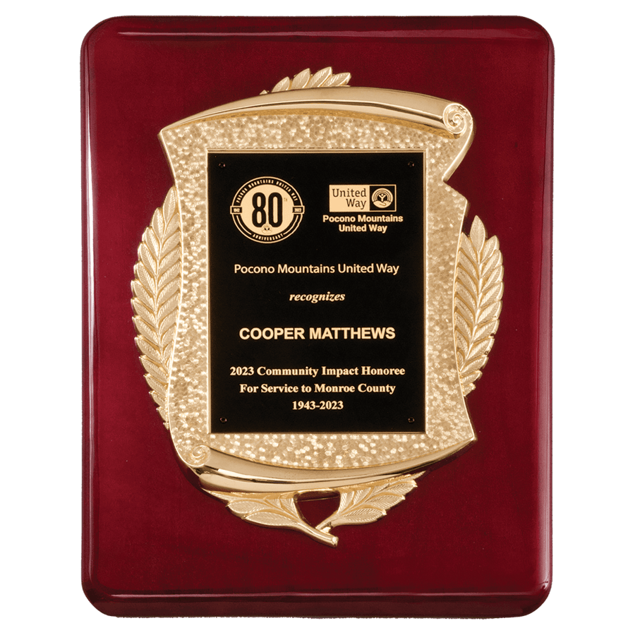 Rosewood Piano Finish Plaque with Gold Metal Scroll Frame Casting - Schoppy's Since 1921