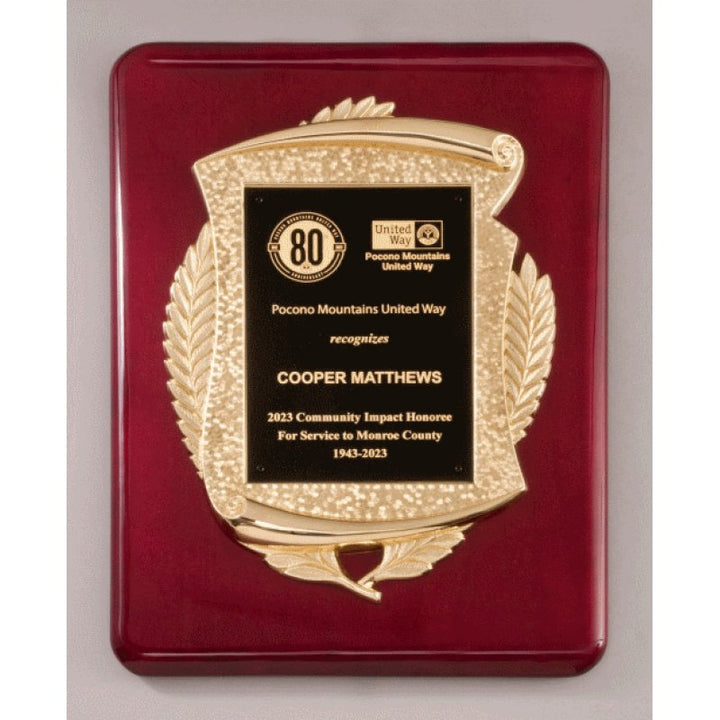 Rosewood Stained Piano Finish Plaque with Gold Metal Casting - Schoppy's Since 1921