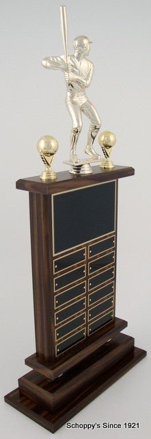Side View of A large Baseball Perpetual Trophy by Schoppy's. The trophy features a Large 8 inch Baseball Figure in a batting position and comes with decorative baseball trim. The front of the base displays a large black laser-engraved heading plate, accompanied by 12 smaller individual plates for recording past winners