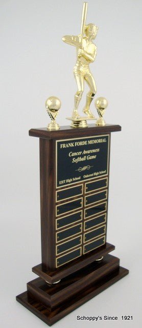 Side View of A large Softball Perpetual Trophy by Schoppy's. The trophy features a Large 8 inch Softball Figure in a Bat Up position and comes with decorative baseball trim. The front of the base displays a large black laser-engraved heading plate, accompanied by 12 smaller individual plates for recording past winners