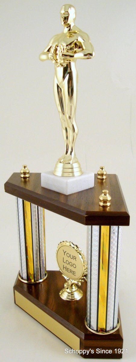 Small Three Column Trophy With Jumbo Achievement Figure And Logo - Schoppy's Since 1921