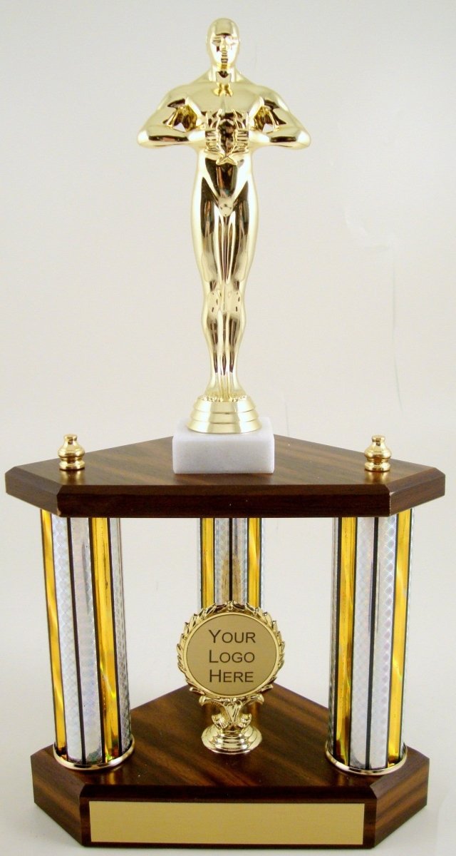 Small Three Column Trophy With Jumbo Achievement Figure And Logo - Schoppy's Since 1921