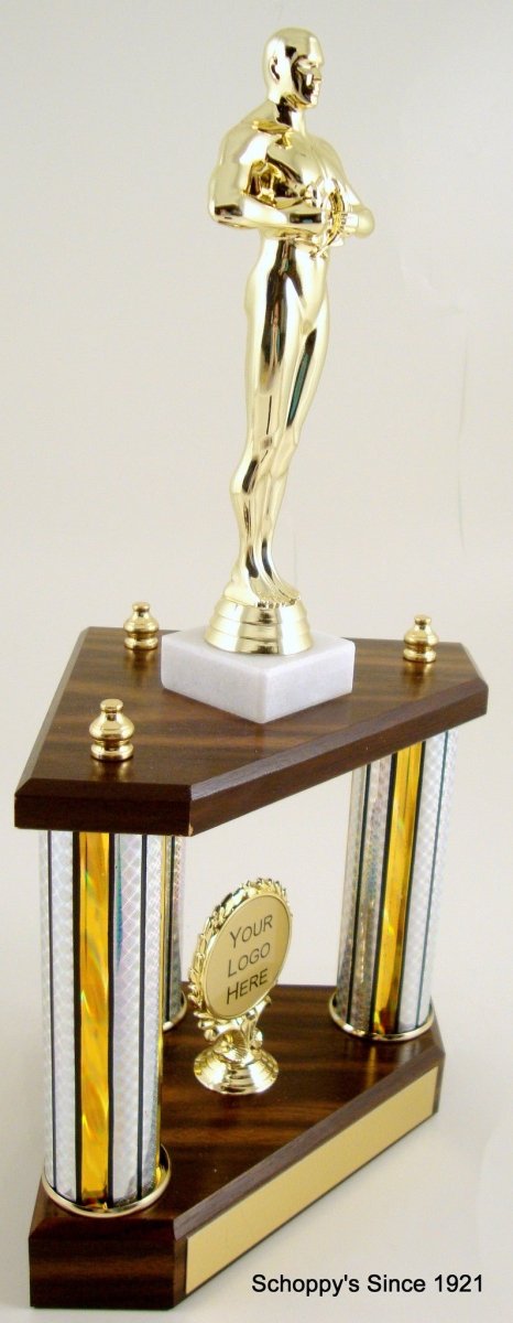 Small Three Column Trophy With Jumbo Achievement Figure And Logo - Schoppy's Since 1921