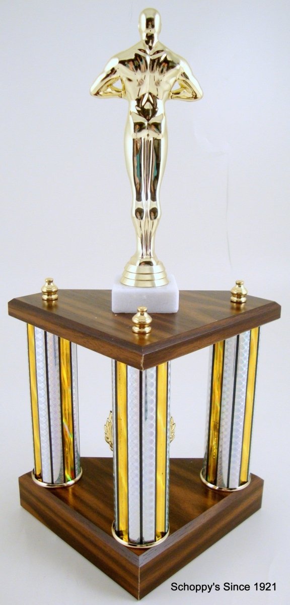 Small Three Column Trophy With Jumbo Achievement Figure And Logo - Schoppy's Since 1921