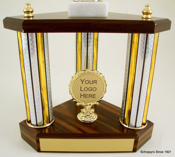 Small Three Column Trophy With Jumbo Achievement Figure And Logo - Schoppy's Since 1921