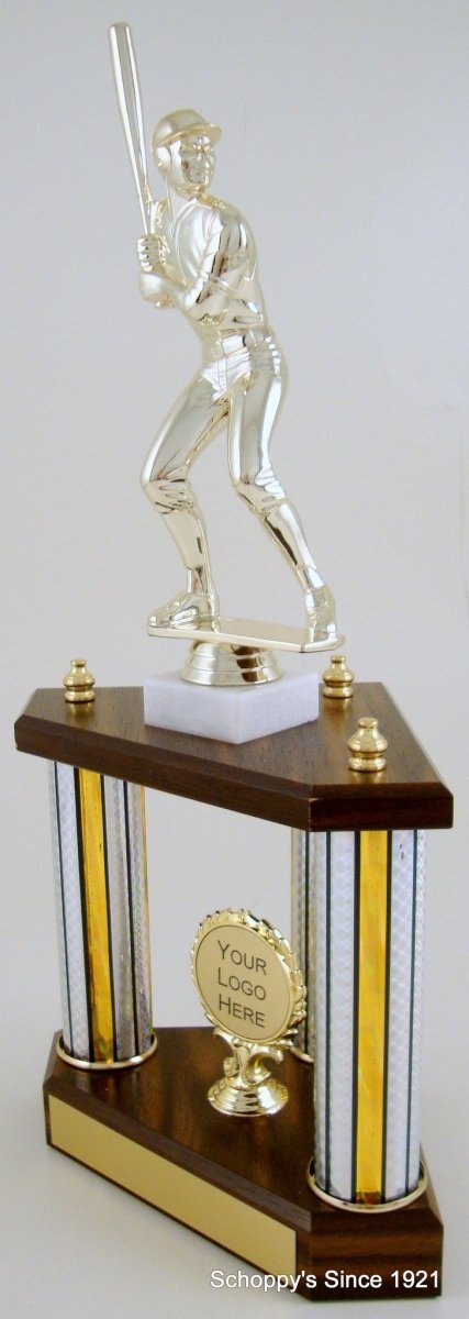 Small Three Column Trophy With Jumbo Baseball Figure And Logo - Schoppy's Since 1921