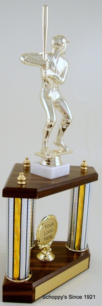 Small Three Column Trophy With Jumbo Baseball Figure And Logo - Schoppy's Since 1921