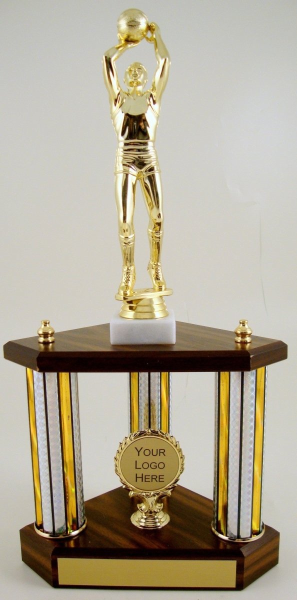 Small Three Column Trophy With Jumbo Basketball Figure And Logo - Schoppy's Since 1921