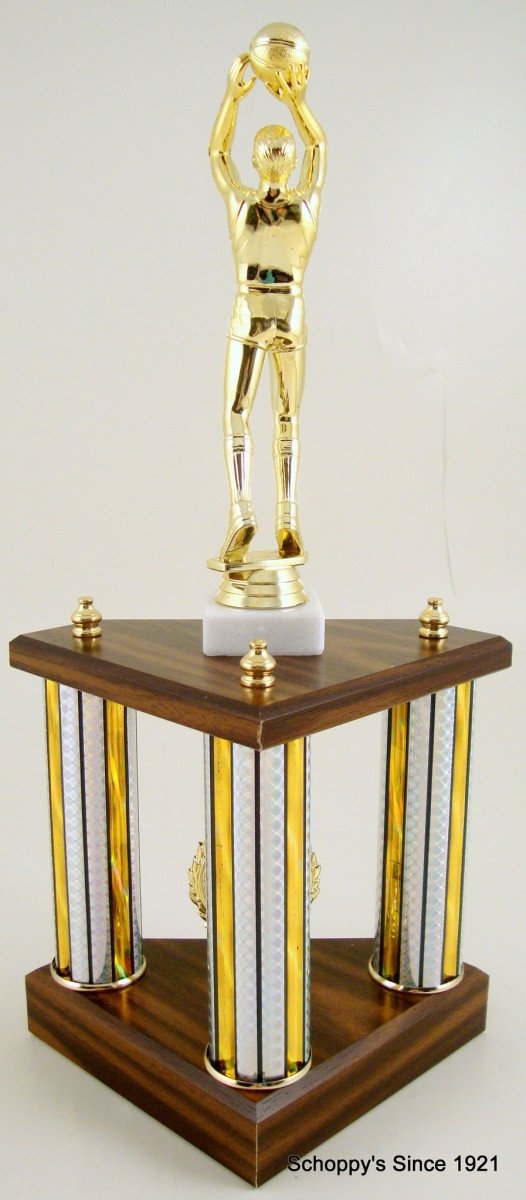 Small Three Column Trophy With Jumbo Basketball Figure And Logo - Schoppy's Since 1921