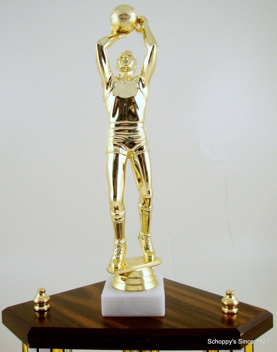 Small Three Column Trophy With Jumbo Basketball Figure And Logo - Schoppy's Since 1921