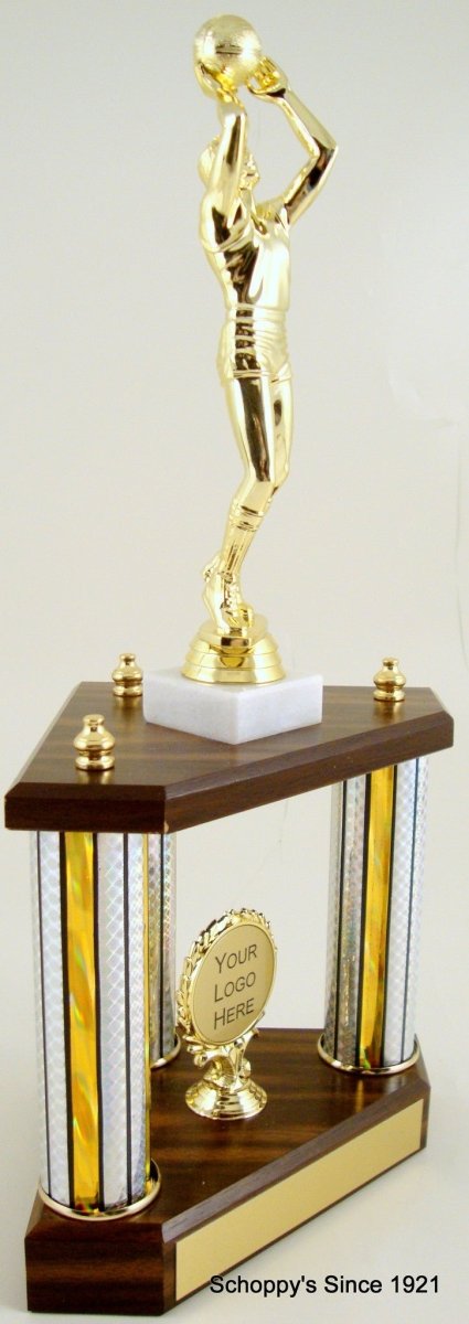 Small Three Column Trophy With Jumbo Basketball Figure And Logo - Schoppy's Since 1921