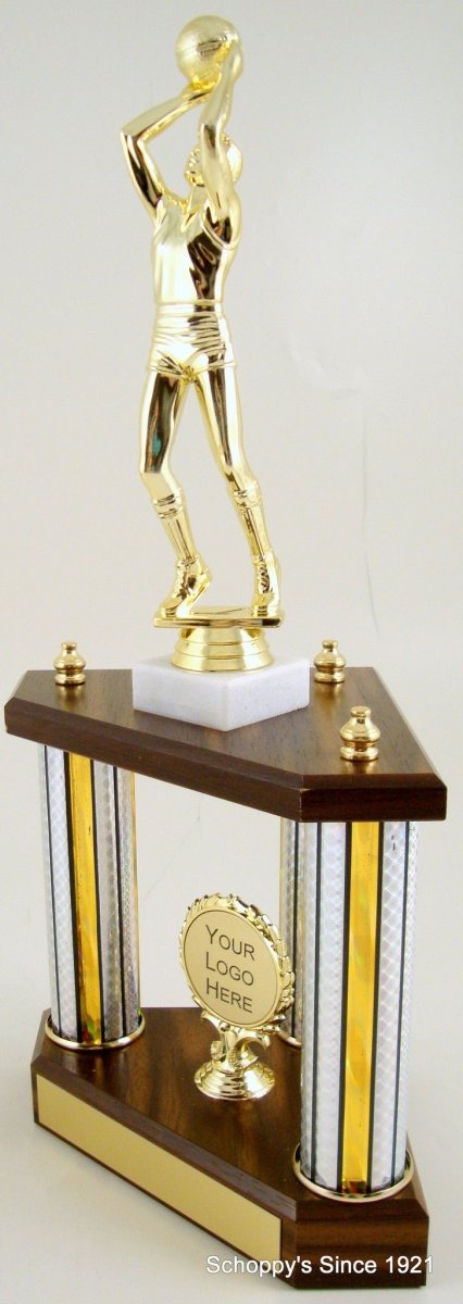 Small Three Column Trophy With Jumbo Basketball Figure And Logo - Schoppy's Since 1921