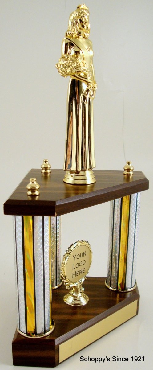 Small Three Column Trophy With Jumbo Beauty Queen Figure And Logo - Schoppy's Since 1921