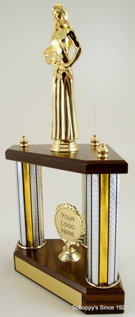 Small Three Column Trophy With Jumbo Beauty Queen Figure And Logo - Schoppy's Since 1921