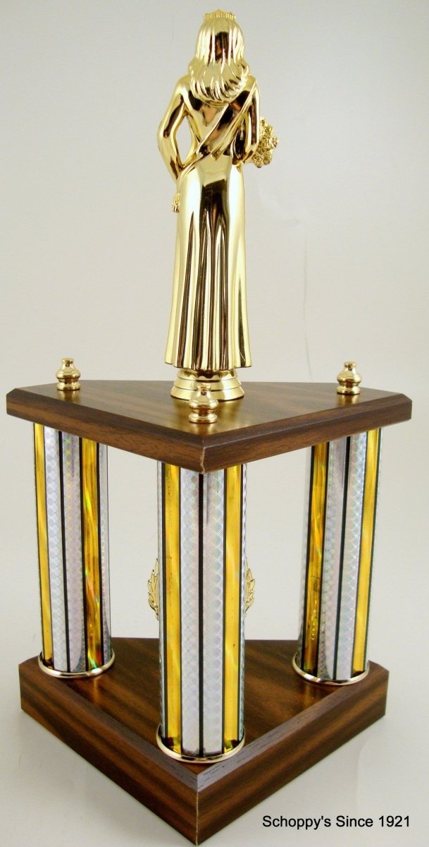 Small Three Column Trophy With Jumbo Beauty Queen Figure And Logo - Schoppy's Since 1921