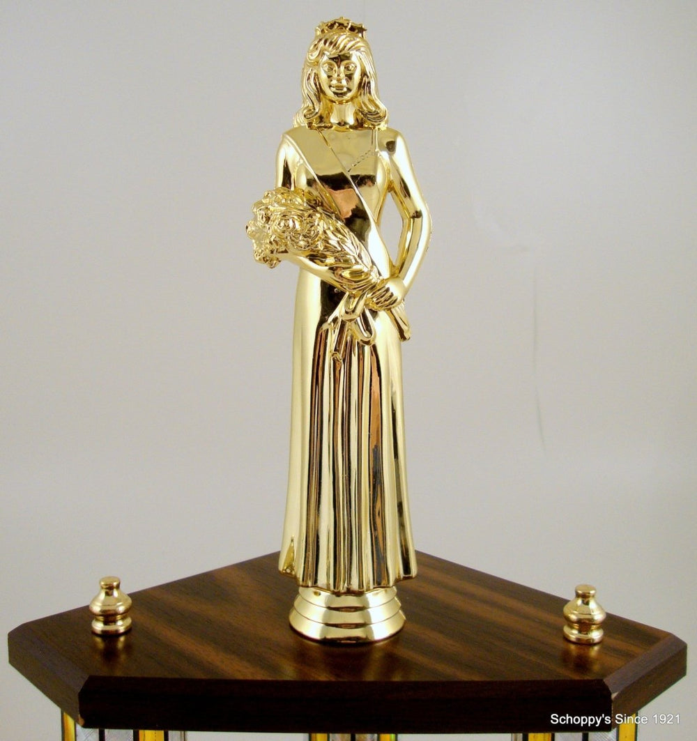 Small Three Column Trophy With Jumbo Beauty Queen Figure And Logo - Schoppy's Since 1921