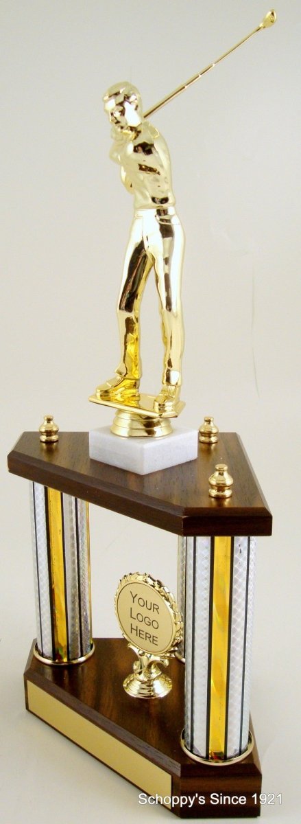 Small Three Column Trophy With Jumbo Golf Figure And Logo - Schoppy's Since 1921