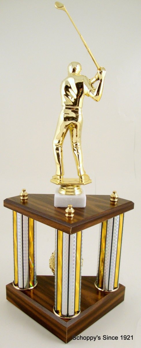 Small Three Column Trophy With Jumbo Golf Figure And Logo - Schoppy's Since 1921